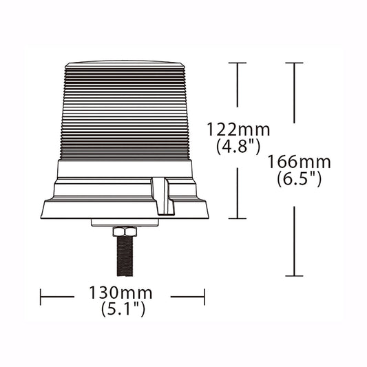 Technical drawing of a warning light with dimensions labeled