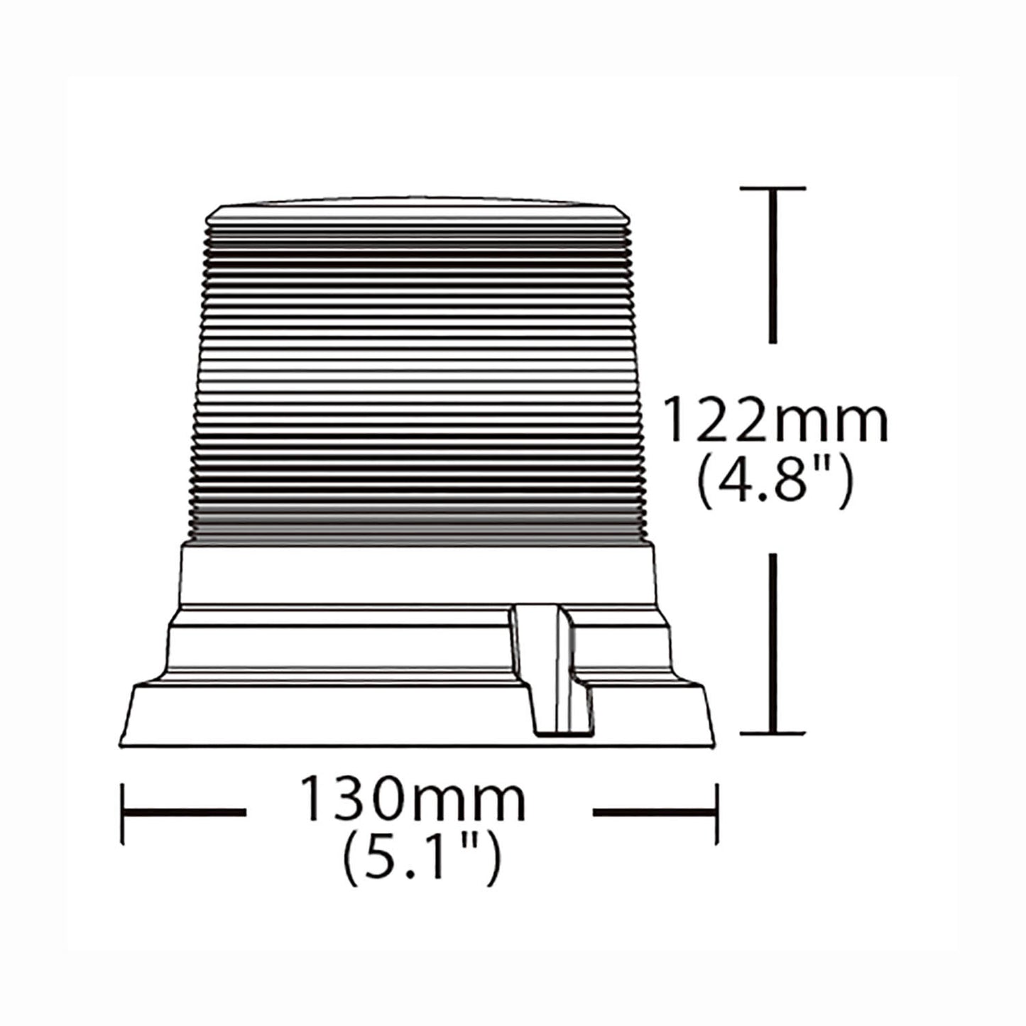 Technical drawing of a warning light with dimensions labeled
