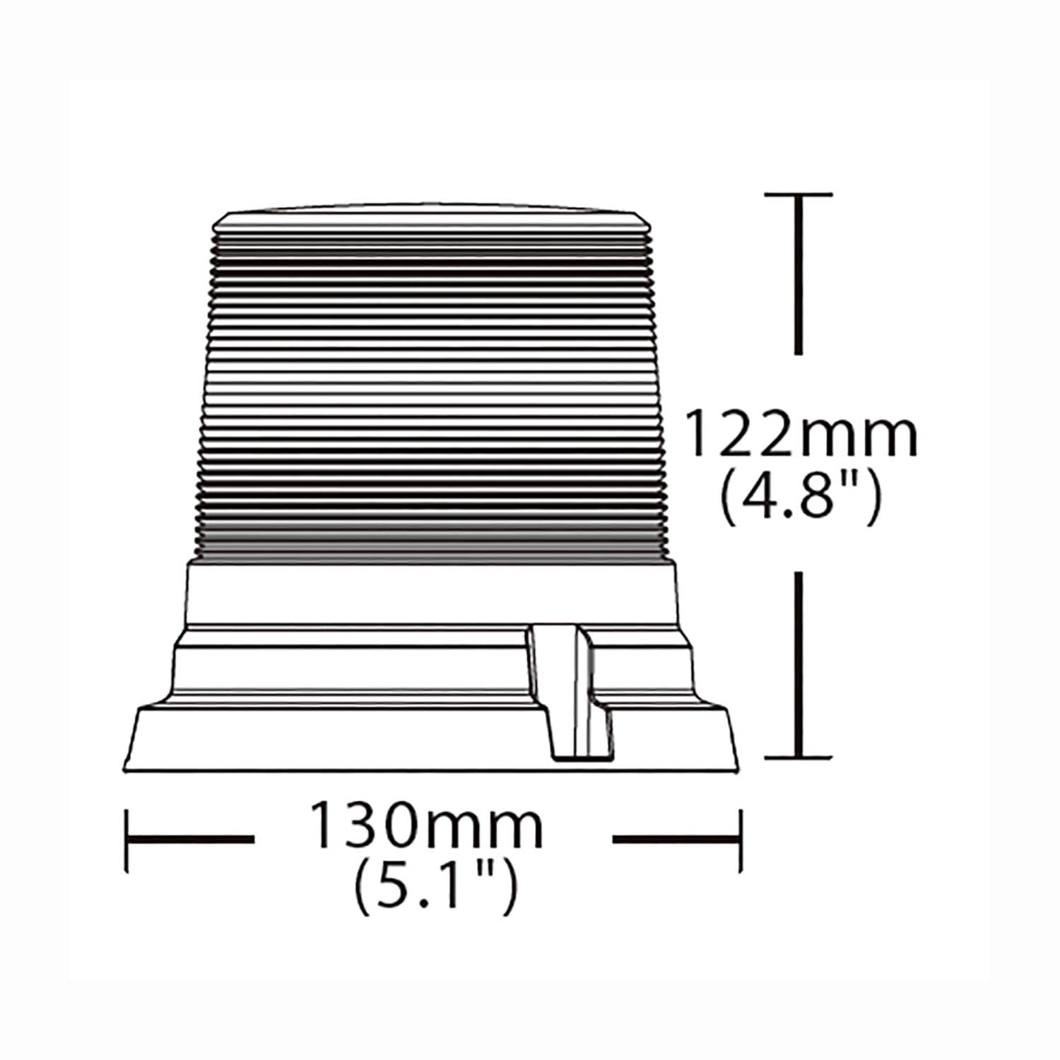 Technical drawing of a warning light with dimensions labeled