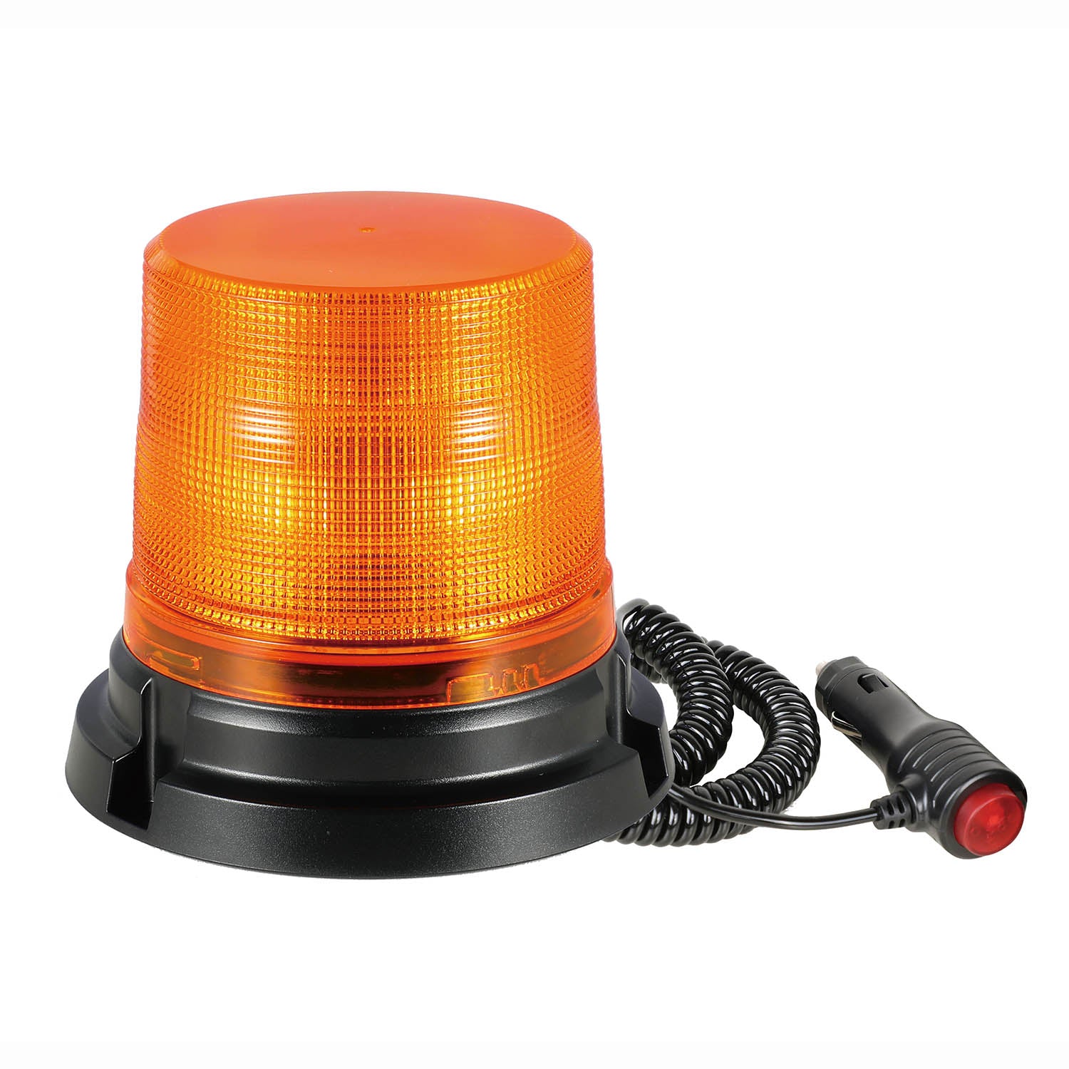 Orange warning light with black base and red connector on a white background