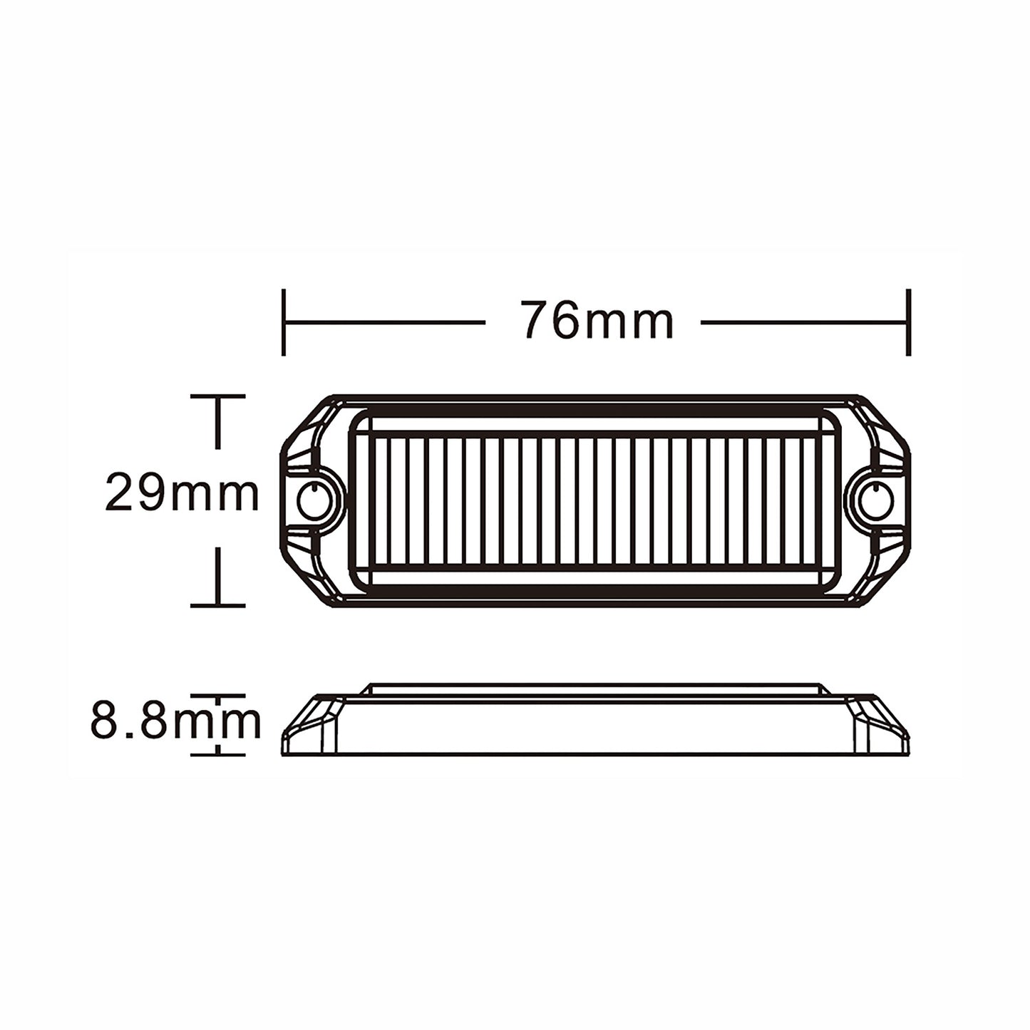 Technical drawing of a led car light with dimensions labeled