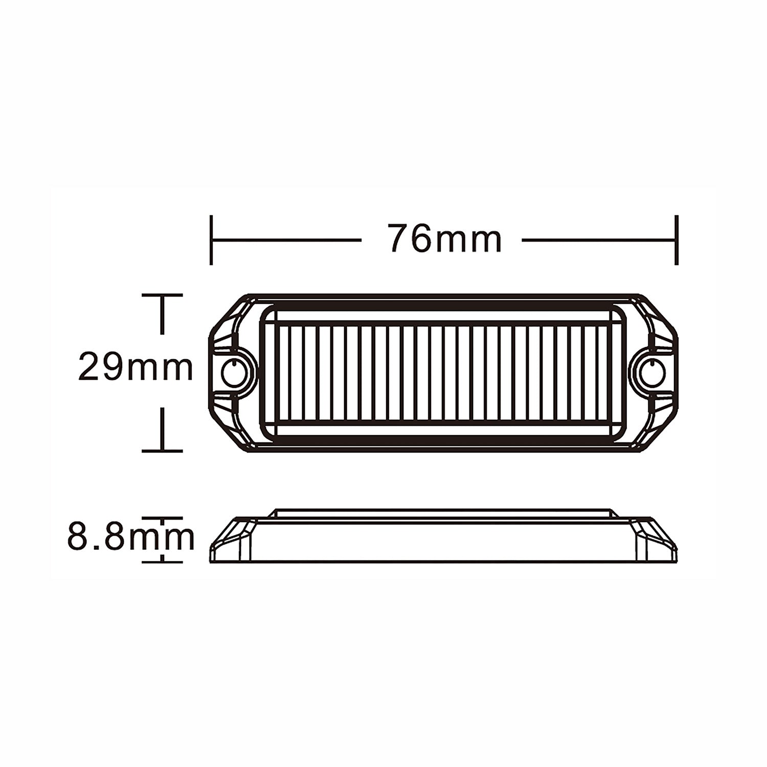 Technical drawing of a led car light with dimensions labeled