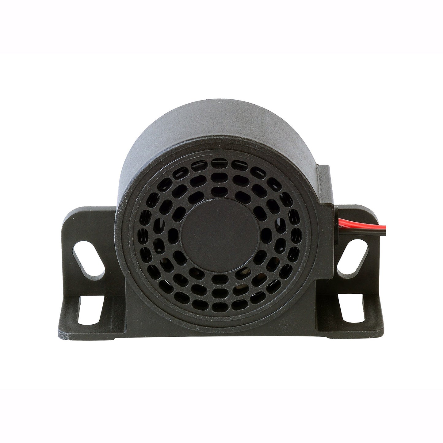 Black reversing alarm with red wire on a white background