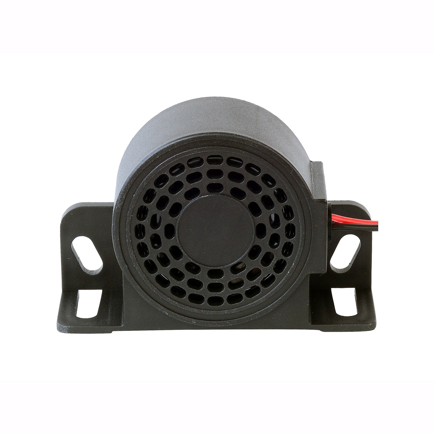 Black reversing alarm with red wire on a white background