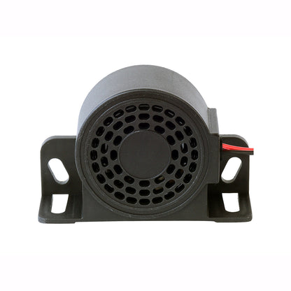 Black reversing alarm with red wire on a white background