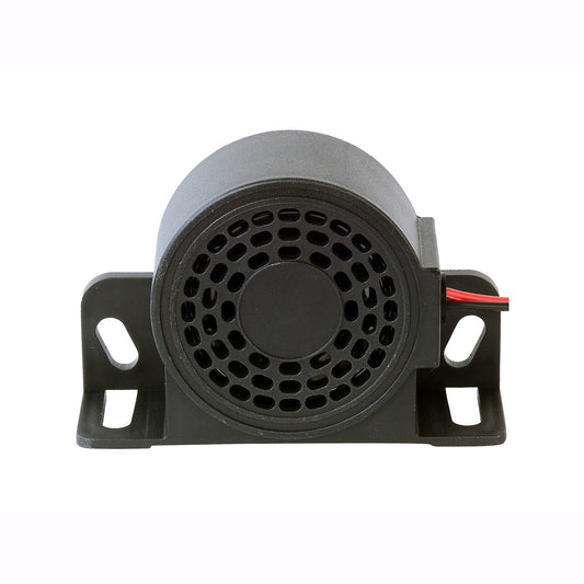 Black reversing alarm with red wire on a white background