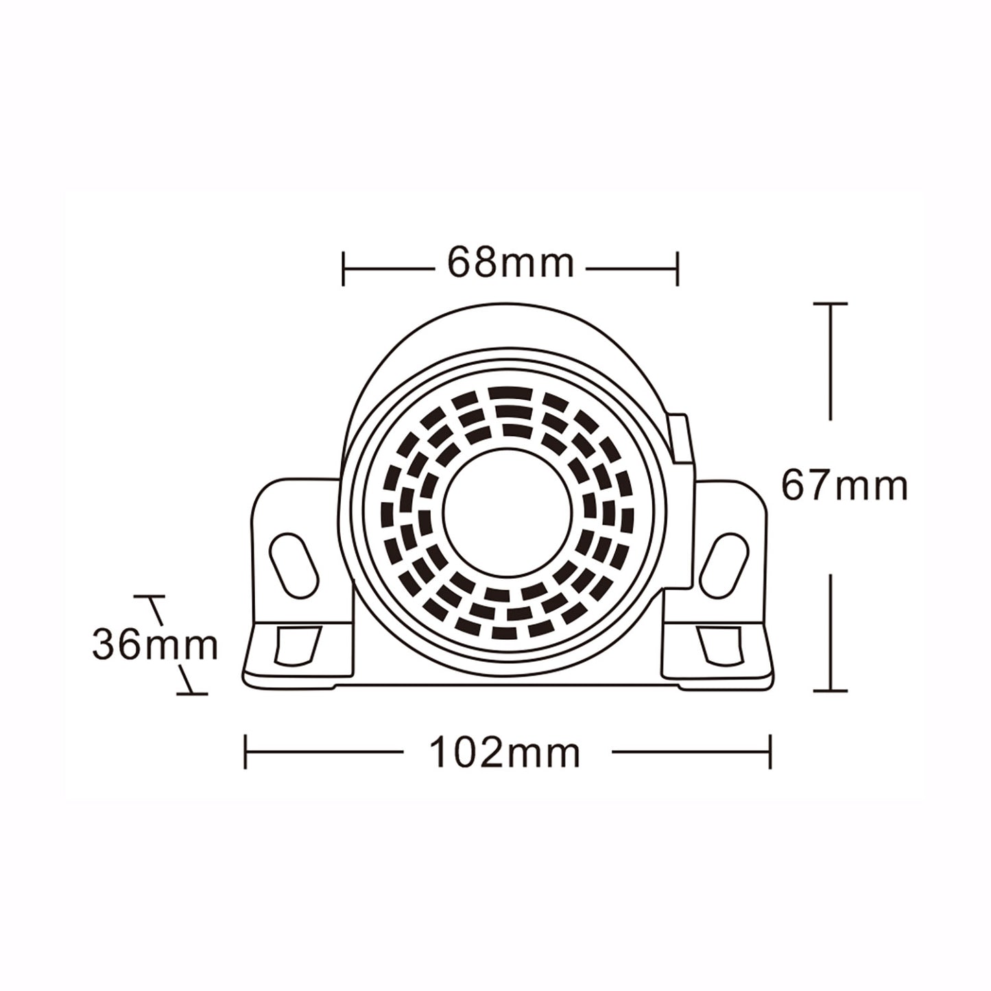 Technical drawing of an alarm with dimensions labeled