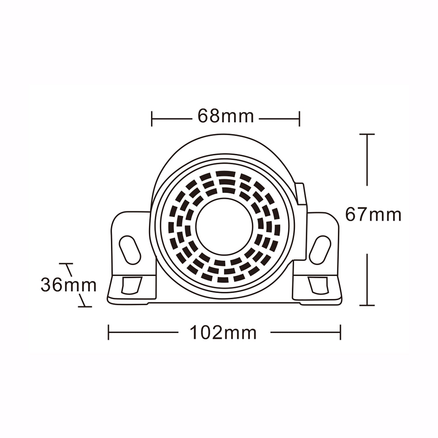Technical drawing of an alarm with dimensions labeled
