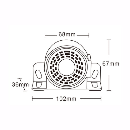 Technical drawing of an alarm with dimensions labeled