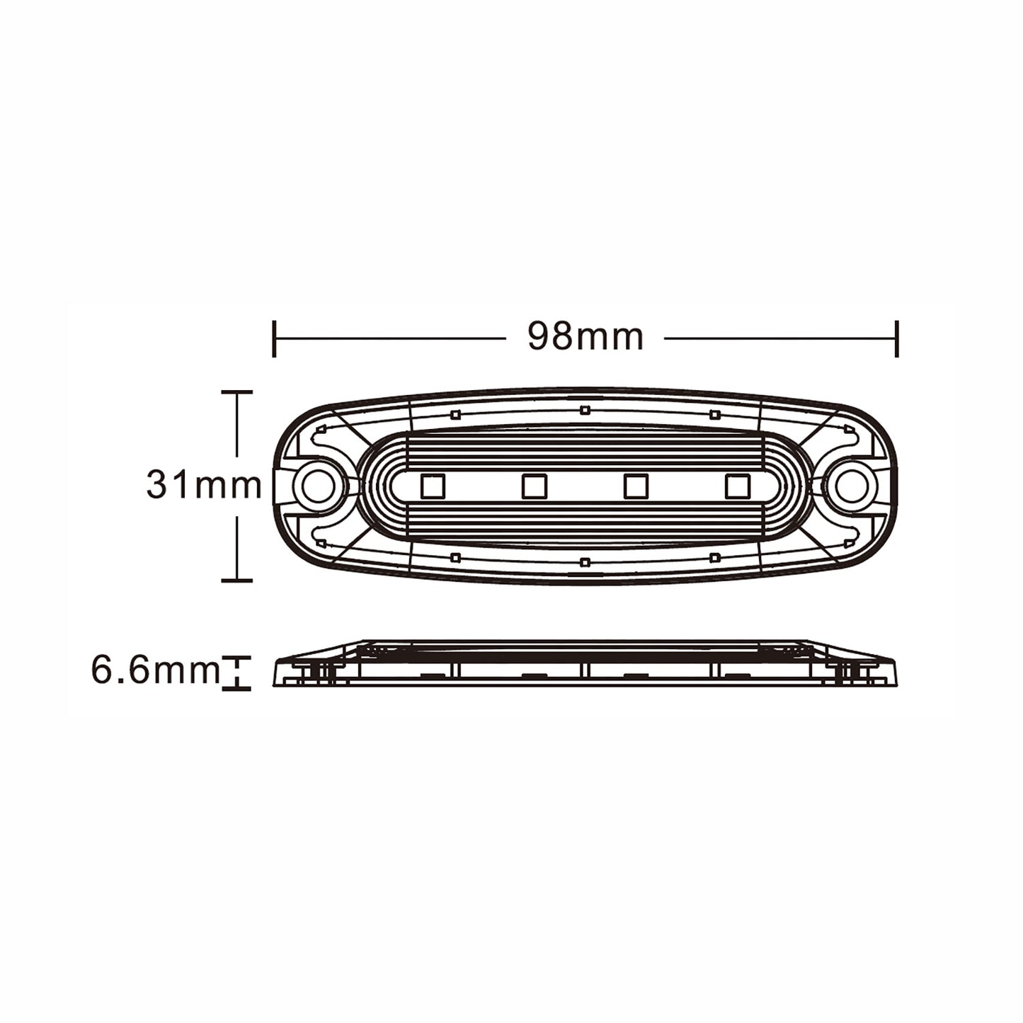 Technical drawing of a car light with dimensions labeled