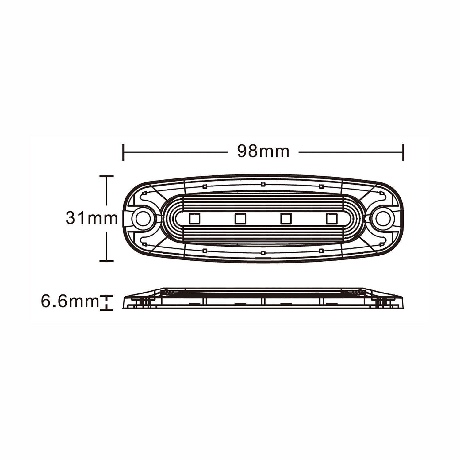 Technical drawing of a car light with dimensions labeled