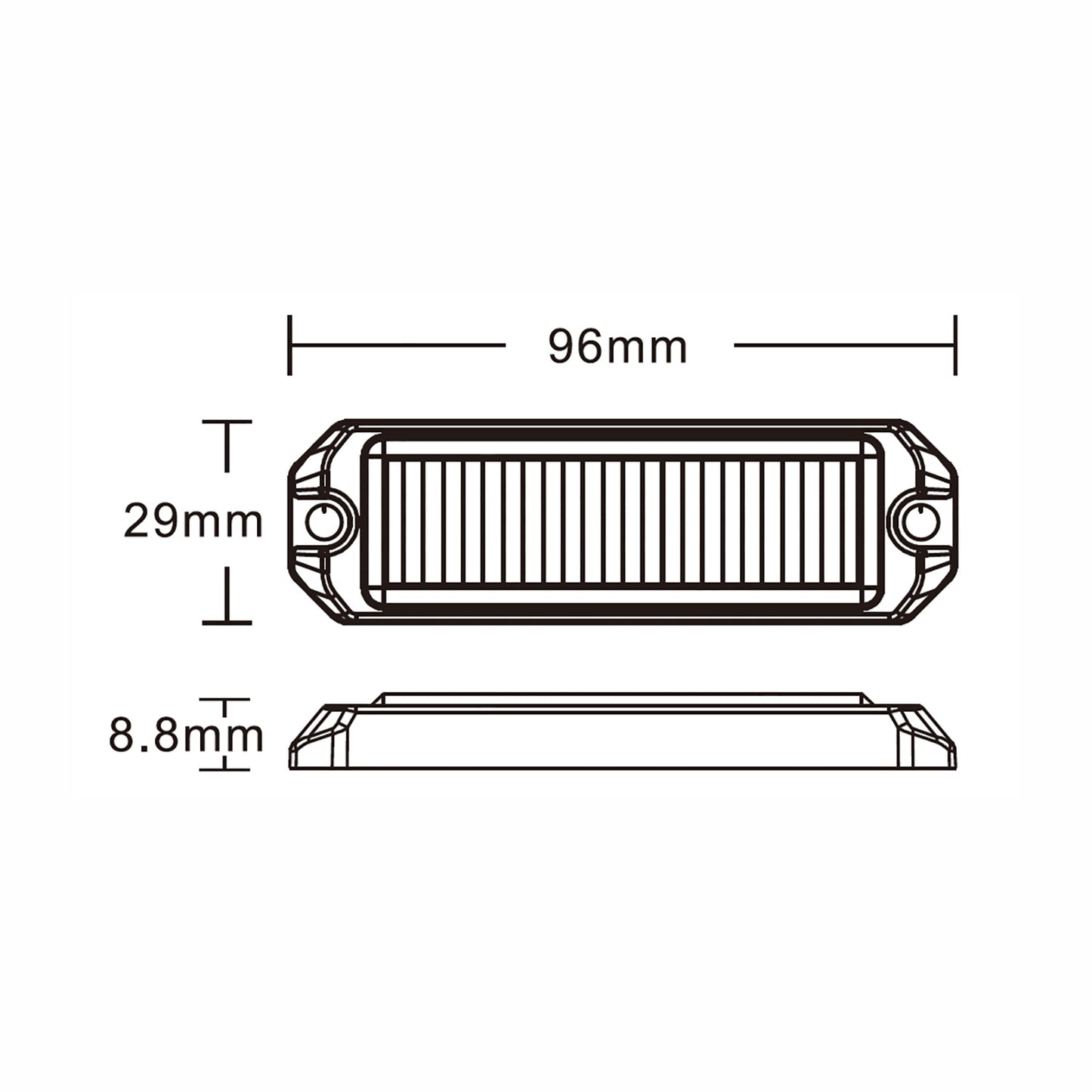 Technical drawing of a LED car light with dimensions labeled