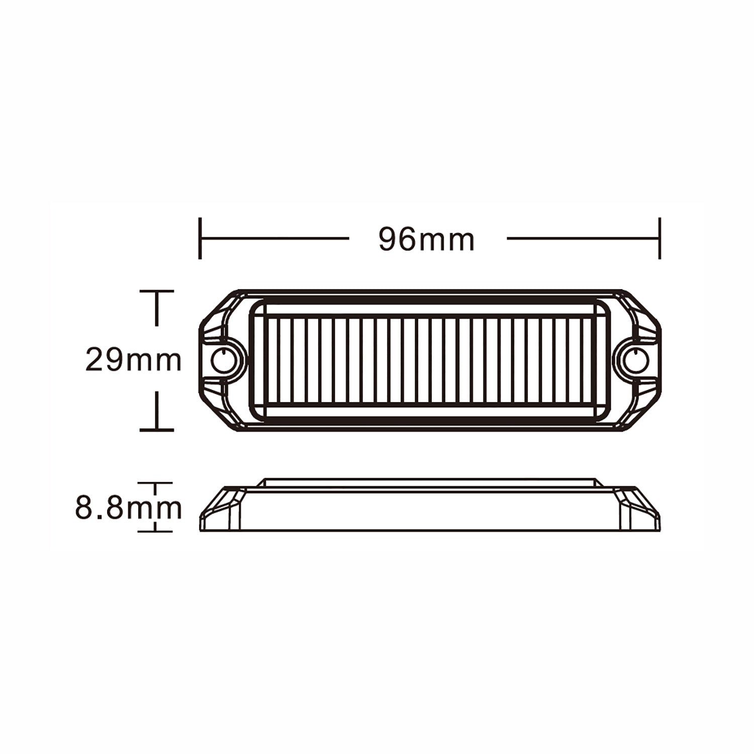 Technical drawing of a LED car light with dimensions labeled