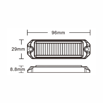 Technical drawing of a LED car light with dimensions labeled