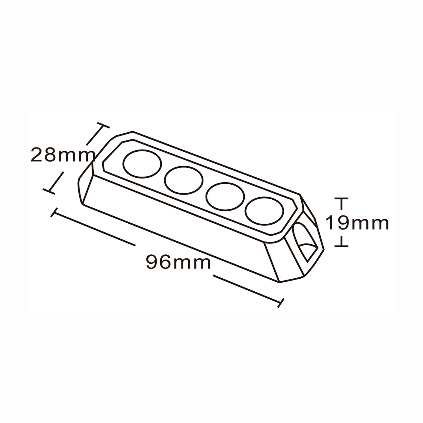 Technical drawing of a vehicle safety light with dimensions labeled