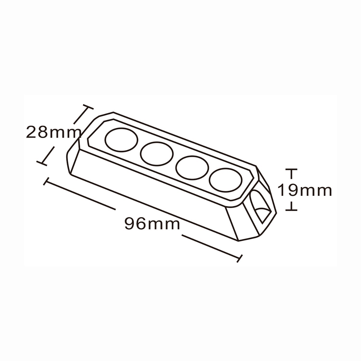 Technical drawing of a vehicle safety light with dimensions labeled