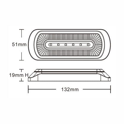 Technical drawing of a rectangular light fixture with dimensions labeled
