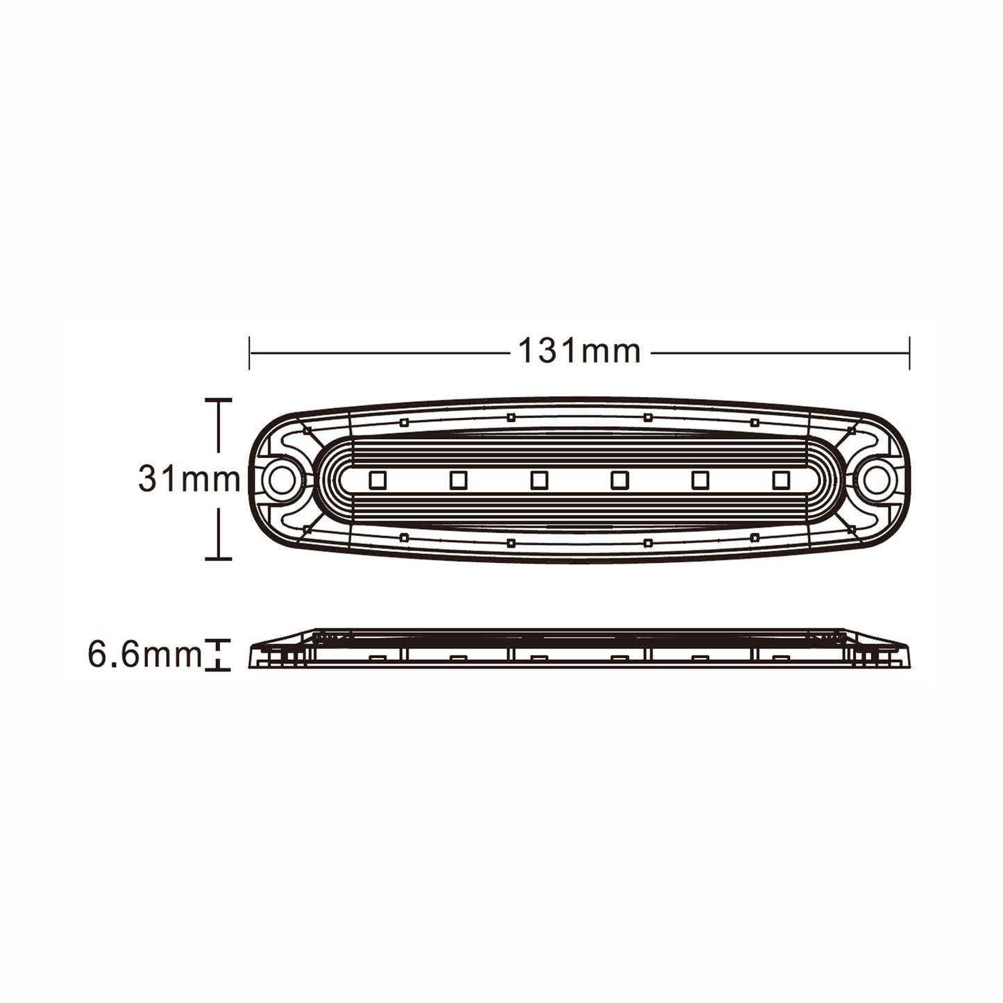 Technical drawing of a car light with dimensions labeled
