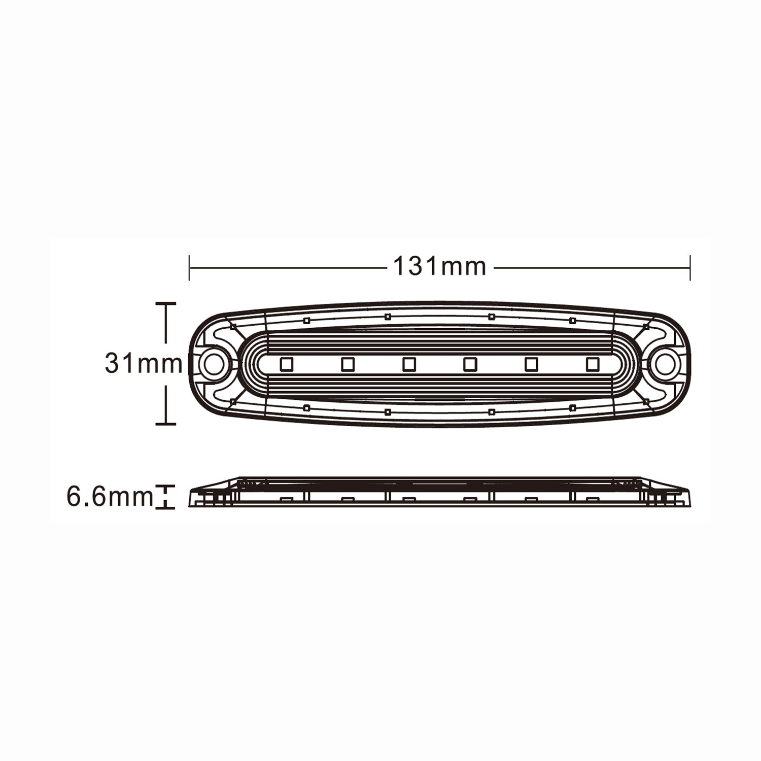 Technical drawing of a car light with dimensions labeled