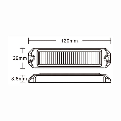 Technical drawing of a LED car light with dimensions labeled