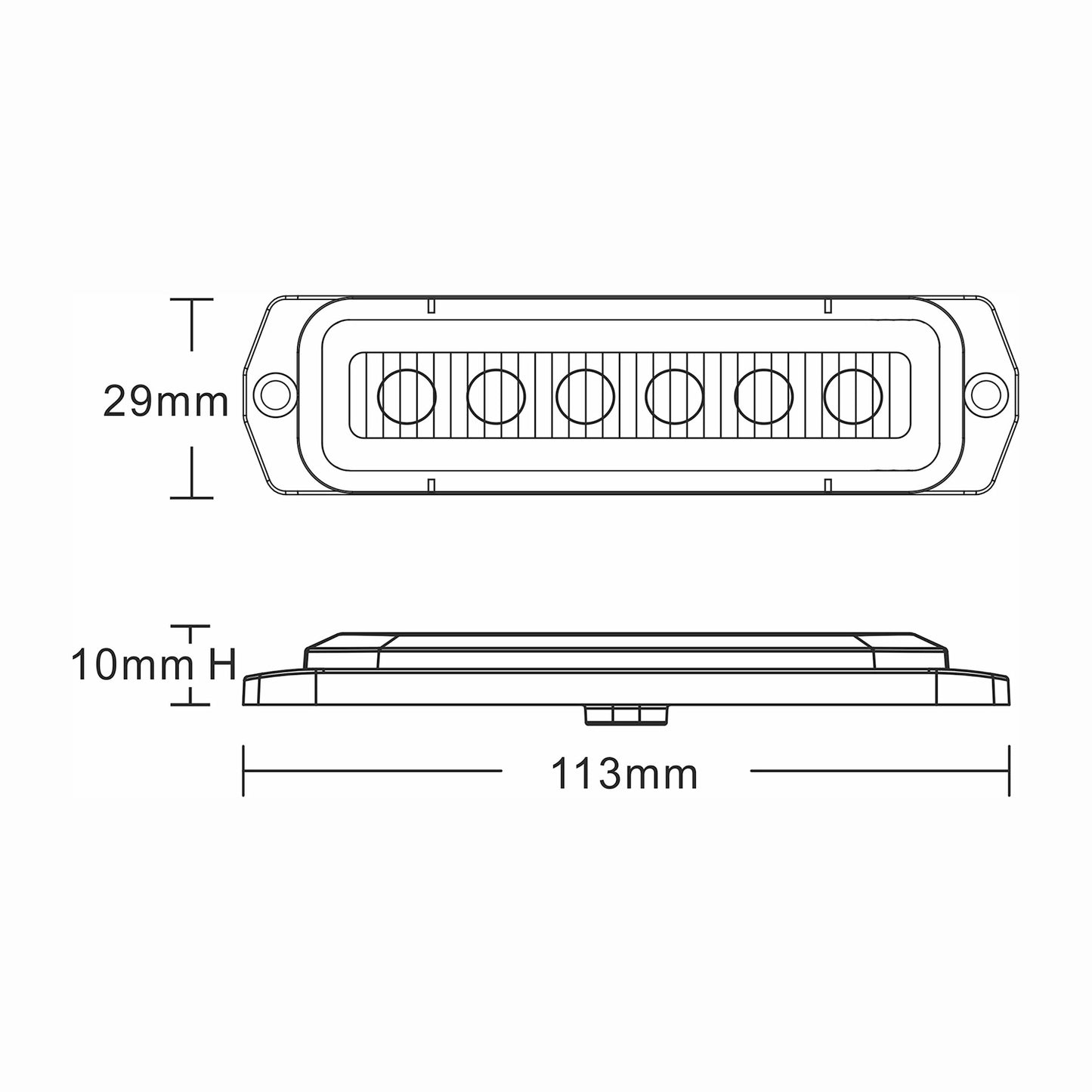 Technical drawing of an LED light bar with dimensions labeled