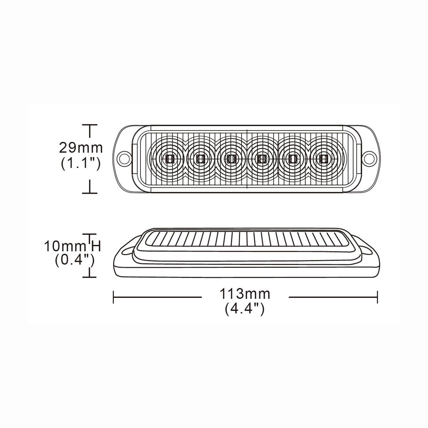 Technical drawing of a rectangular light fixture with dimensions labeled
