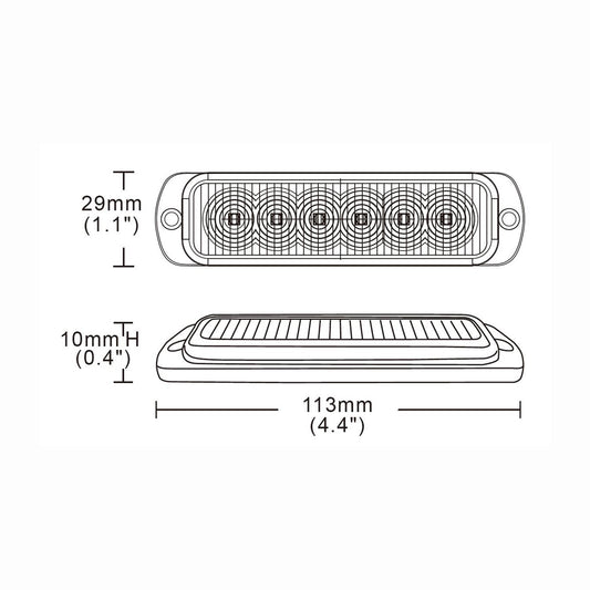 Technical drawing of a rectangular light fixture with dimensions labeled