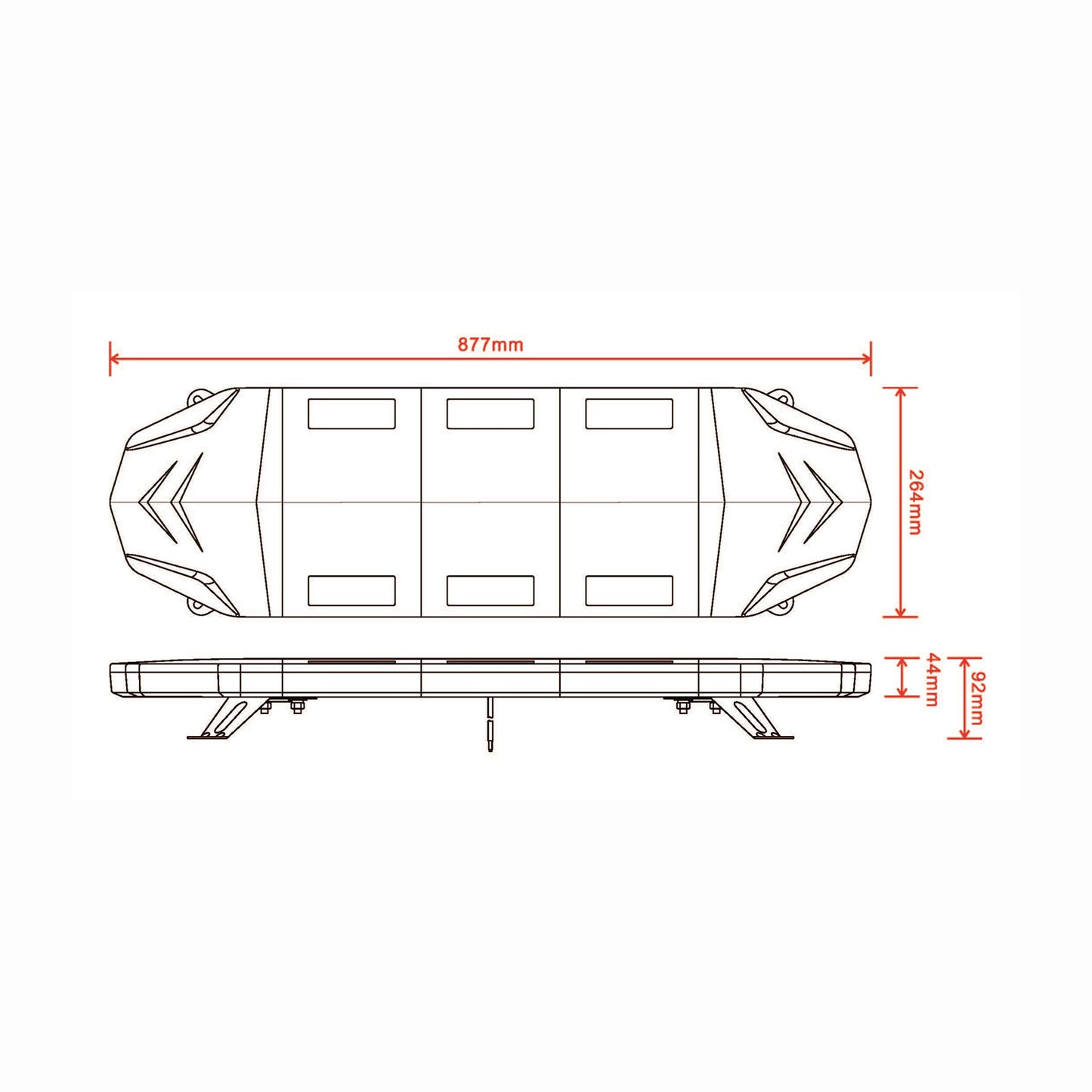 Technical drawing of a Light bar on a white background with dimensions labeled
