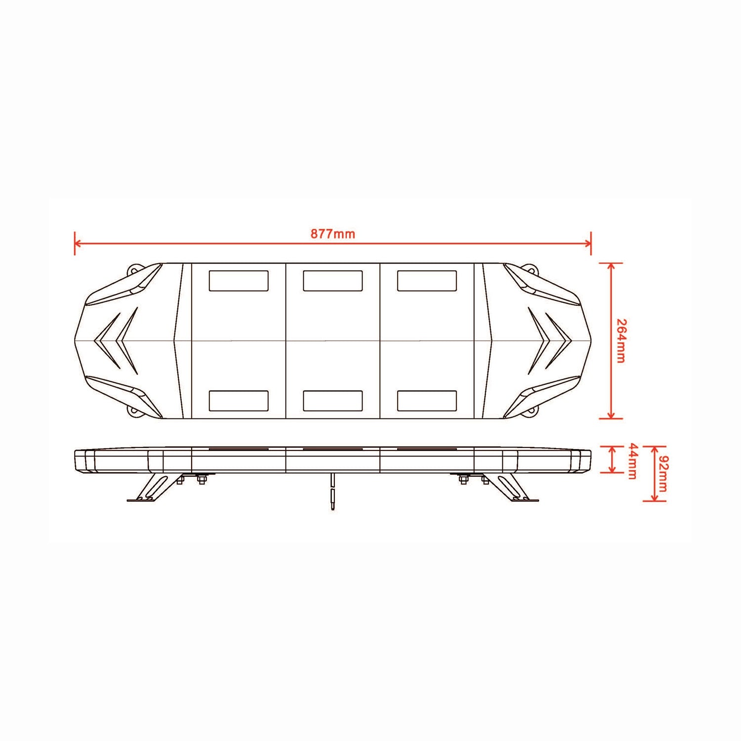 Technical drawing of a Light bar on a white background with dimensions labeled
