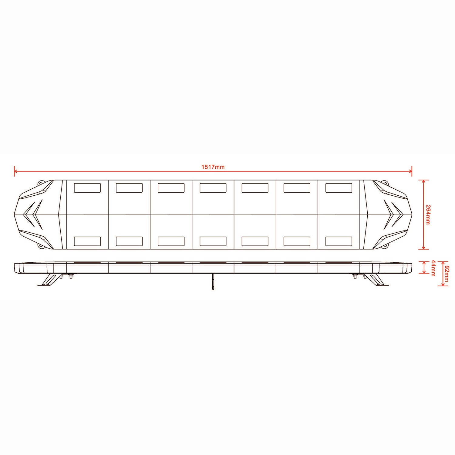 Technical drawing of a Light bar with dimensions on a white background
