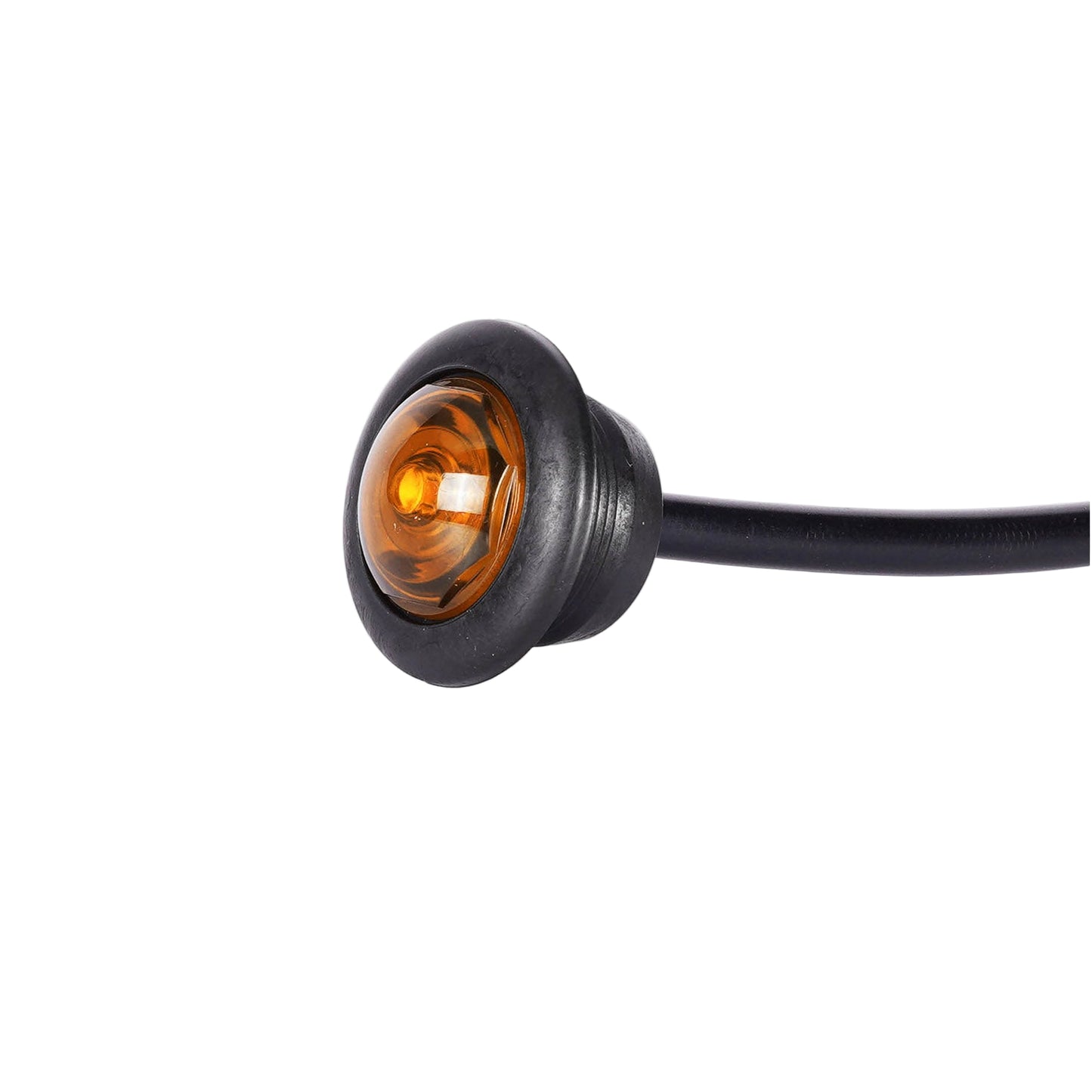 Amber LED light with black housing on a white background