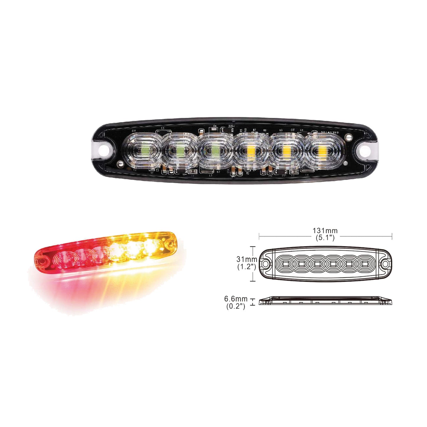 LED light bar with dimensions and color options on a white background