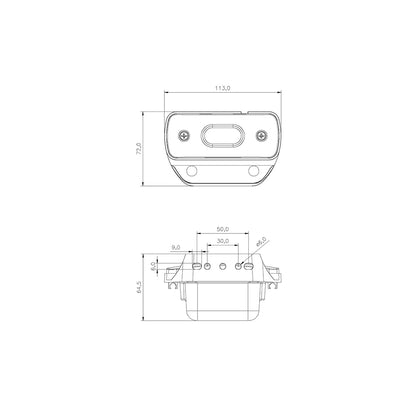 Technical drawing of a warning light with dimensions on a white background
