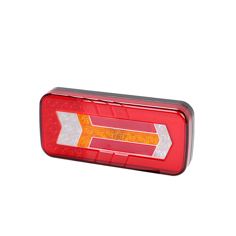 Red rectangular vehicle light with dimensions and specifications on a white background
