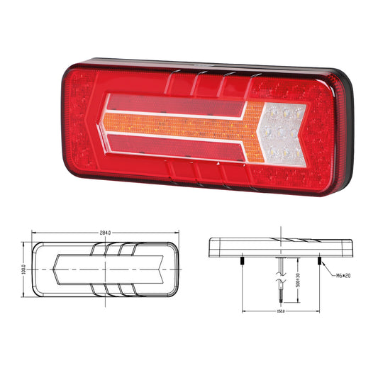 Red rectangular vehicle light with dimensions and specifications on a white background