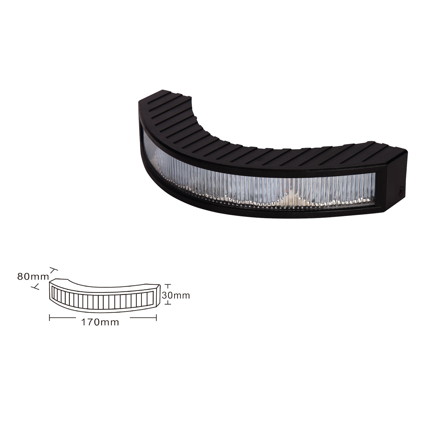 Black and clear LED light bar with dimensions on a white background