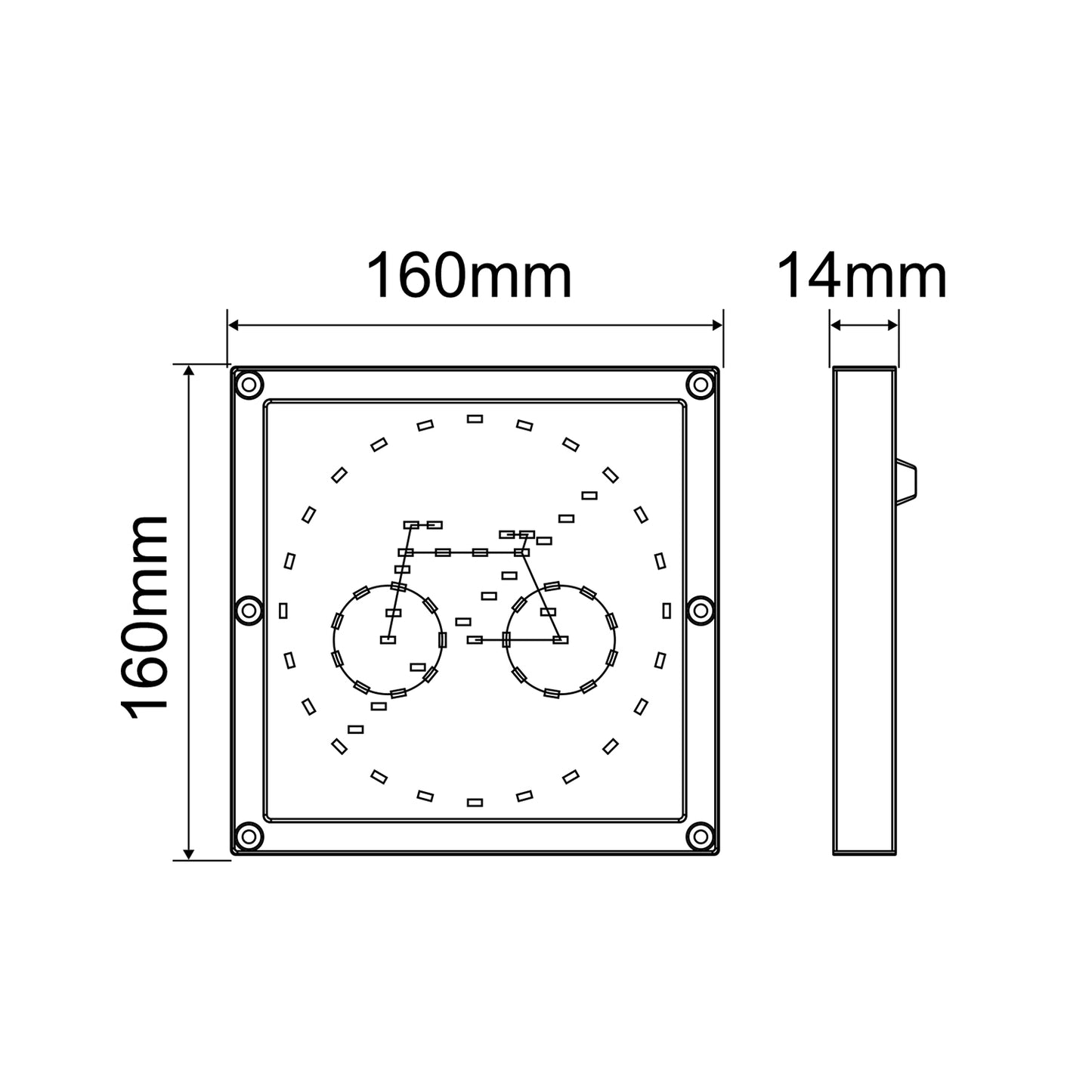 Dimensions Cycle warning light on a white background