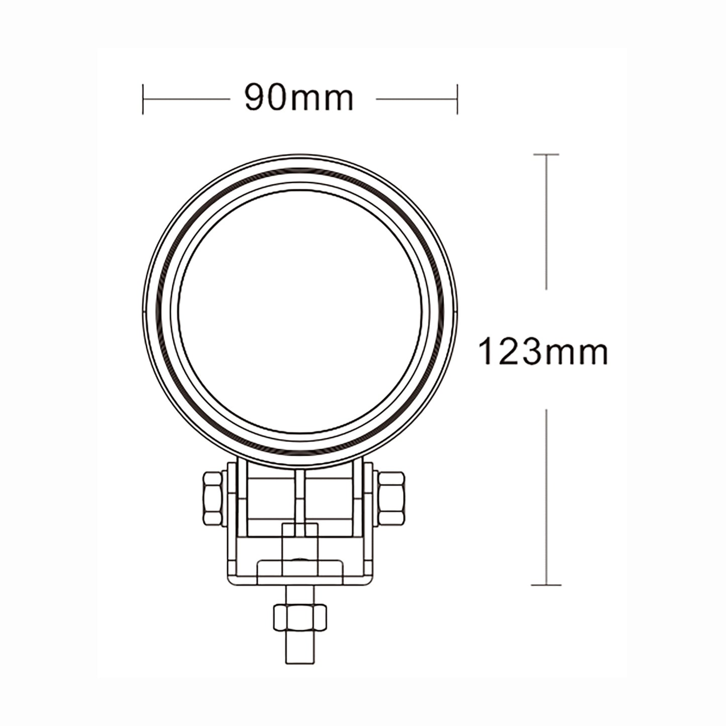 Technical drawing of a warning light with dimensions labeled
