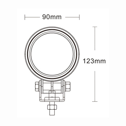 Technical drawing of a warning light with dimensions labeled