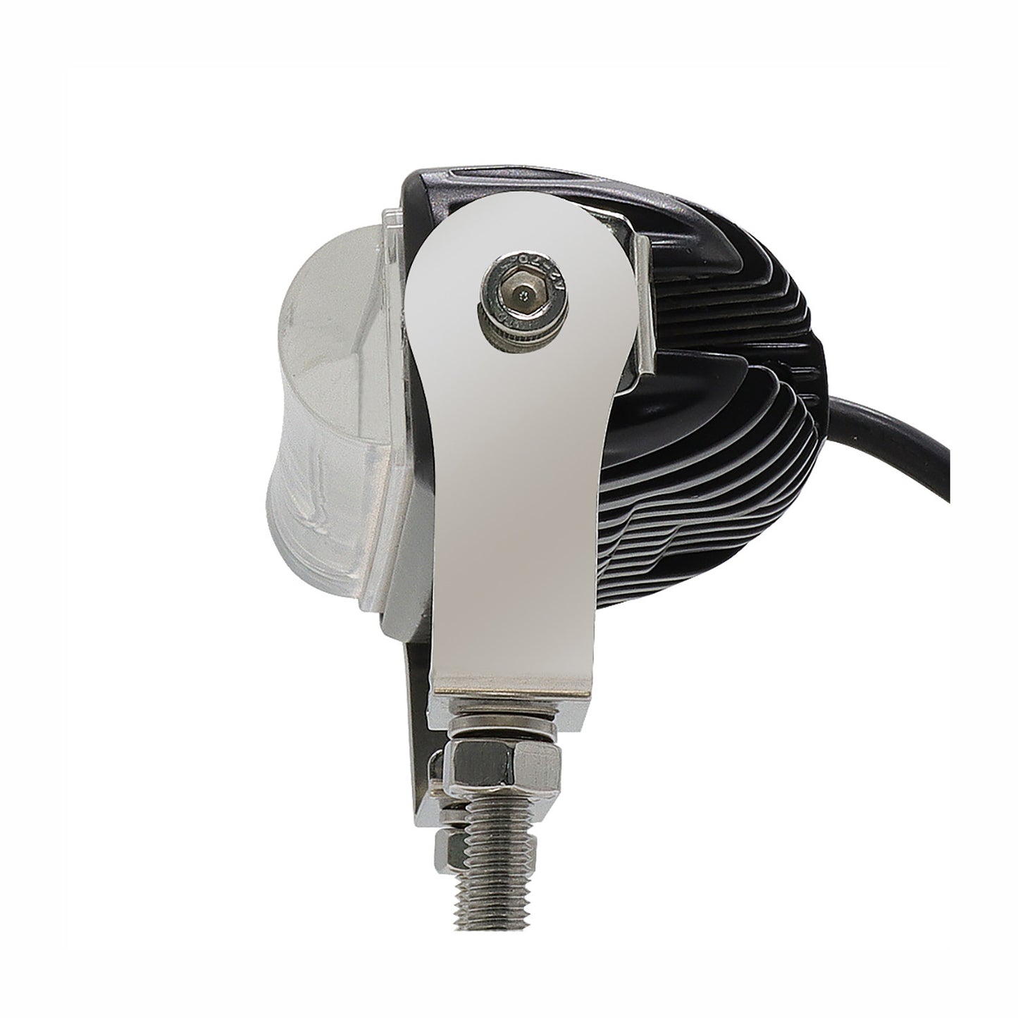 Close-up of a metal light fixture with wiring on a white background