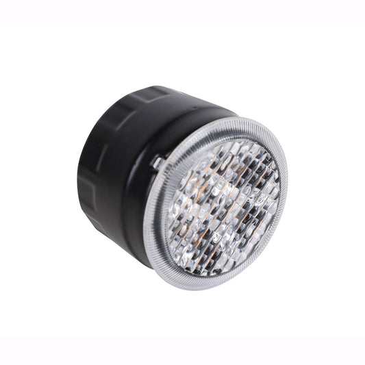 Black and silver LED light bulb on a white background