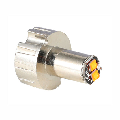 Metallic cylindrical component with a small orange and black section on a white background