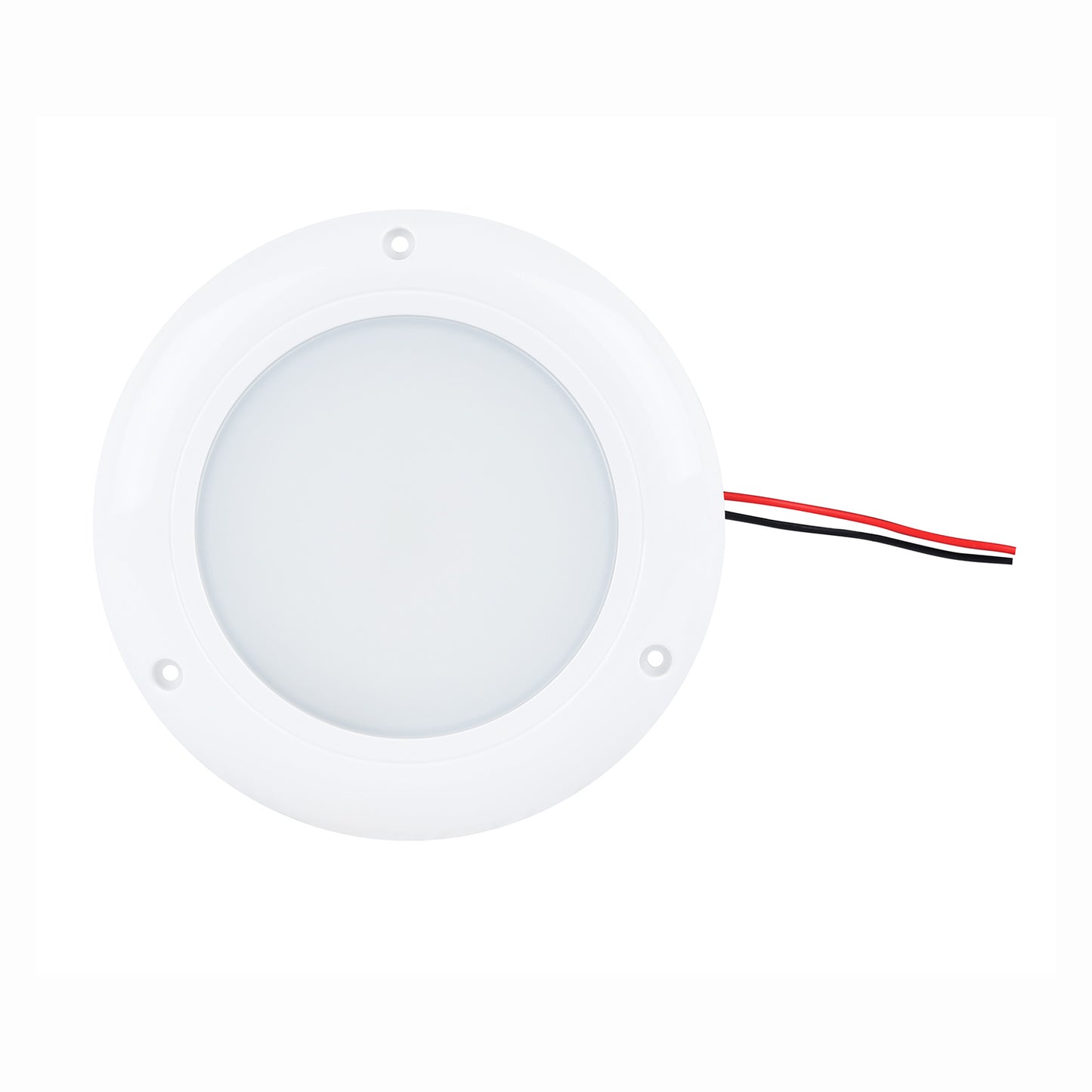 Round white LED light fixture with wires on a white background