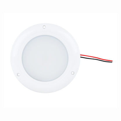 Round white LED light fixture with wires on a white background