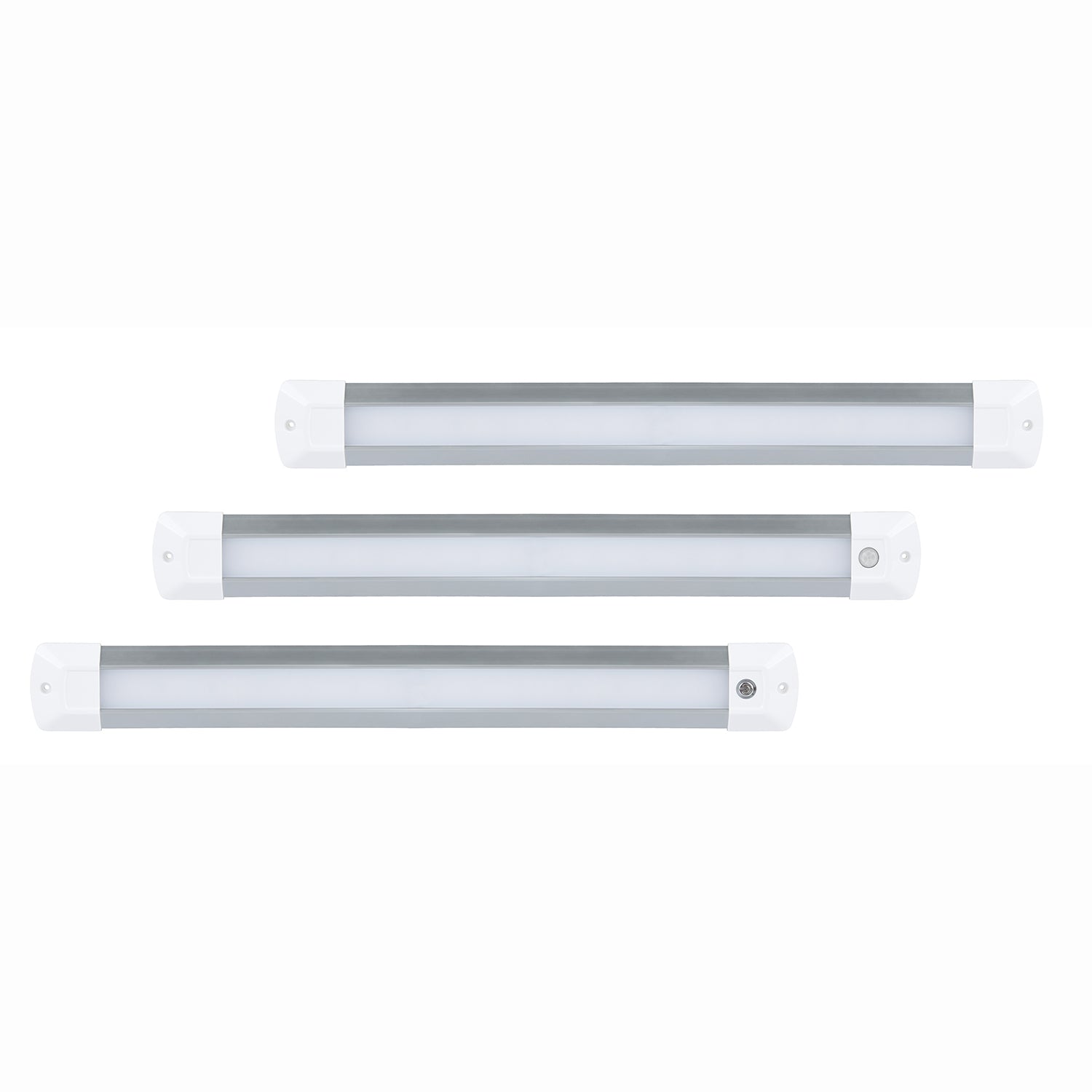 Three LED light strips of different lengths on a white background