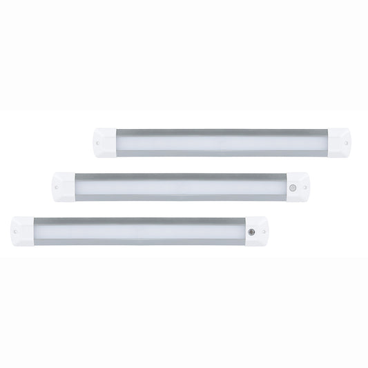 Three LED light strips of different lengths on a white background