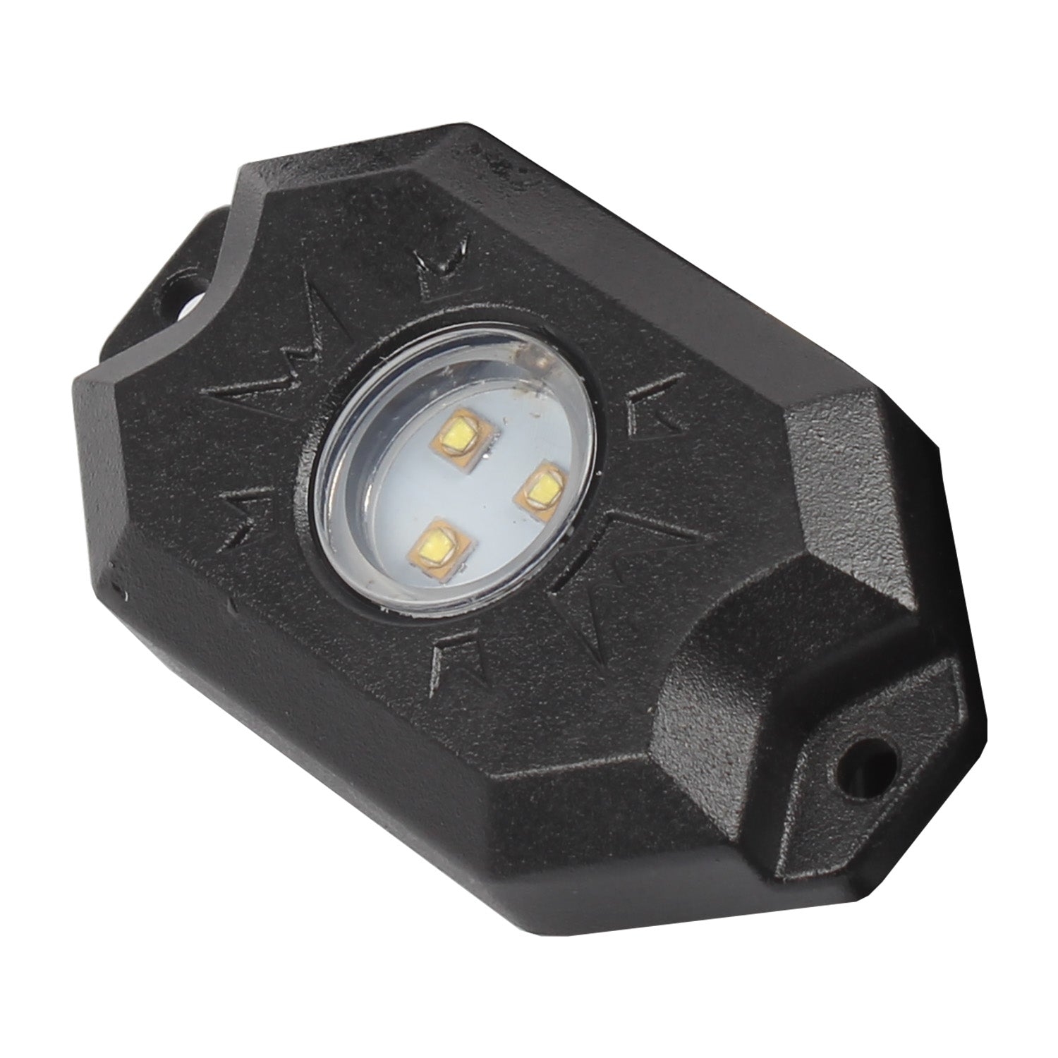 Black LED light with geometric design on a white background