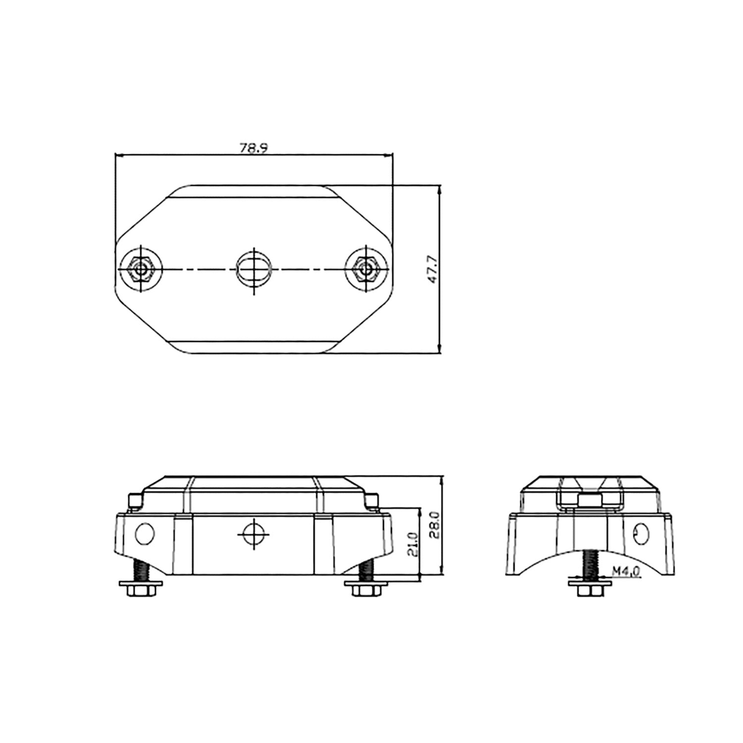 Technical drawing of an LED light with dimensions and views.