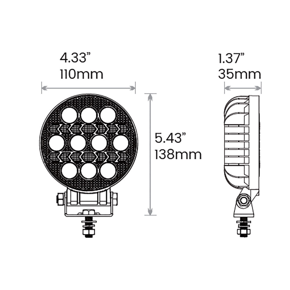Dimensions of Off Road Odyssey - 4" ROUND 401 Lamp on a white background