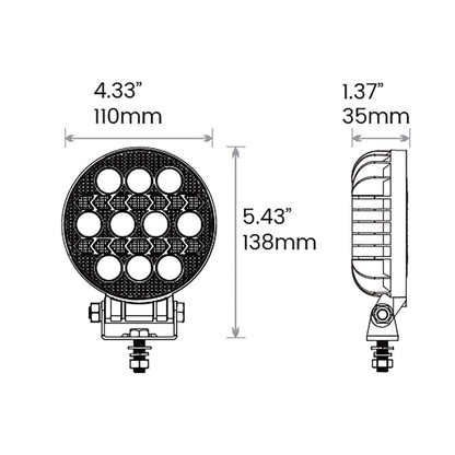 Dimensions of Off Road Odyssey - 4" ROUND 401 Lamp on a white background